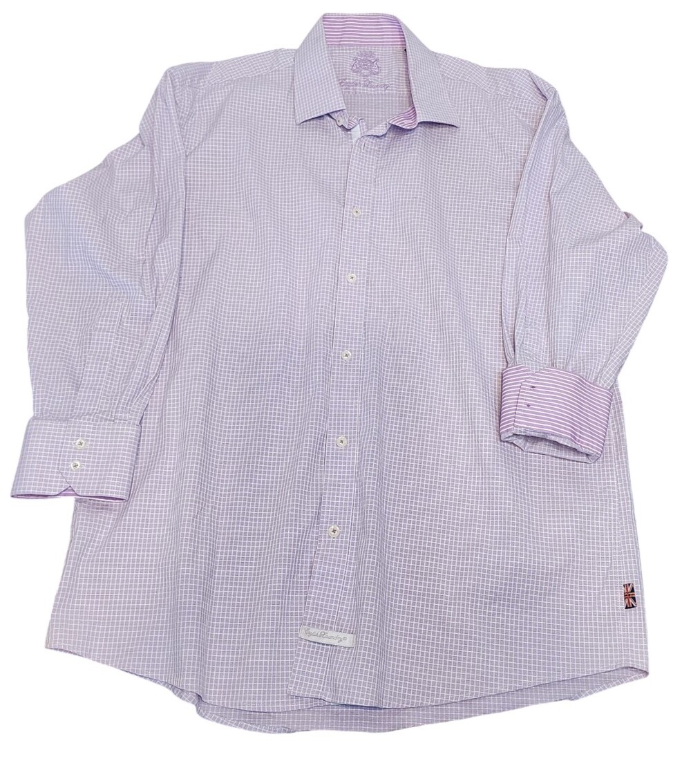 English Laundry Dress Shirt Mens Flip Cuff Sz 17.5-32/33 Purple Check Stretch